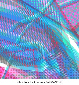 Abstract colorful disco background created with stripes, dots and patters of colors.