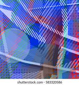 Abstract colorful disco background created with stripes, dots and patters of colors.