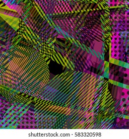 Abstract colorful disco background created with stripes, dots and patters of colors.