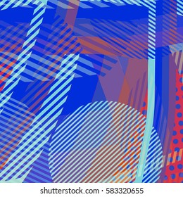 Abstract colorful disco background created with stripes, dots and patters of colors.