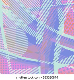 Abstract colorful disco background created with stripes, dots and patters of colors.