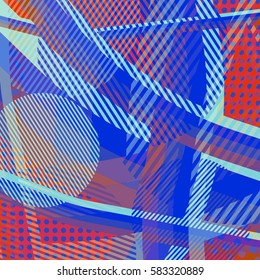 Abstract colorful disco background created with stripes, dots and patters of colors.