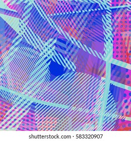 Abstract colorful disco background created with stripes, dots and patters of colors.
