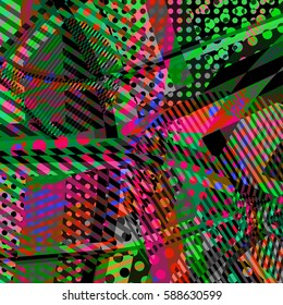 Abstract colorful disco background created with stripes, dots and patters of colors.