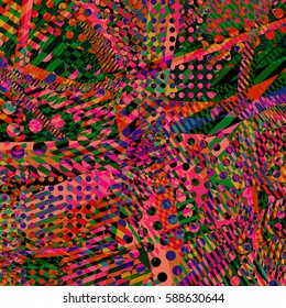 Abstract colorful disco background created with stripes, dots and patters of colors.