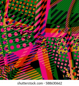 Abstract colorful disco background created with stripes, dots and patters of colors.