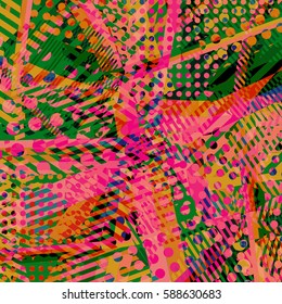 Abstract colorful disco background created with stripes, dots and patters of colors.