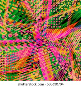 Abstract colorful disco background created with stripes, dots and patters of colors.
