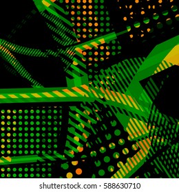 Abstract colorful disco background created with stripes, dots and patters of colors.