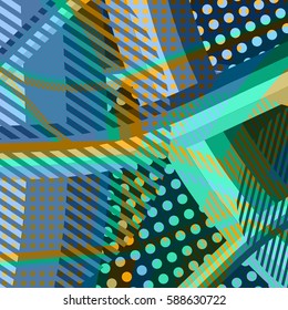 Abstract colorful disco background created with stripes, dots and patters of colors.