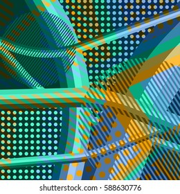 Abstract colorful disco background created with stripes, dots and patters of colors.