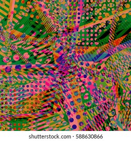 Abstract colorful disco background created with stripes, dots and patters of colors.