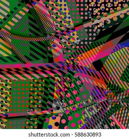 Abstract colorful disco background created with stripes, dots and patters of colors.