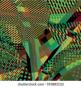Abstract colorful disco background created with stripes, dots and patters of colors.