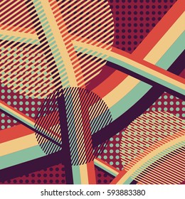 Abstract colorful disco background created with stripes, dots and patters of colors.