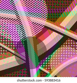 Abstract colorful disco background created with stripes, dots and patters of colors.