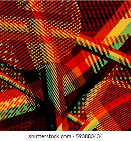 Abstract colorful disco background created with stripes, dots and patters of colors.
