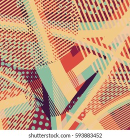 Abstract colorful disco background created with stripes, dots and patters of colors.