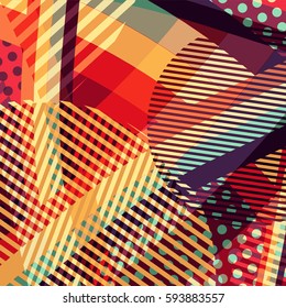 Abstract colorful disco background created with stripes, dots and patters of colors.