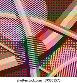 Abstract colorful disco background created with stripes, dots and patters of colors.