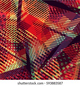 Abstract colorful disco background created with stripes, dots and patters of colors.