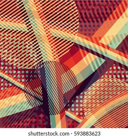 Abstract colorful disco background created with stripes, dots and patters of colors.