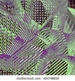 Abstract colorful disco background created with stripes, dots and patters of colors.