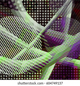 Abstract colorful disco background created with stripes, dots and patters of colors.