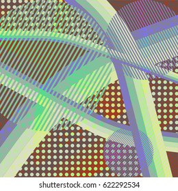 Abstract colorful disco background created with stripes, dots and patters of colors.