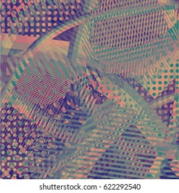 Abstract colorful disco background created with stripes, dots and patters of colors.