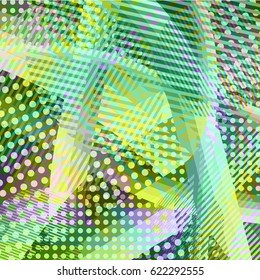 Abstract colorful disco background created with stripes, dots and patters of colors.