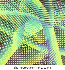 Abstract colorful disco background created with stripes, dots and patters of colors.
