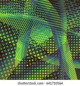 Abstract colorful disco background created with stripes, dots and patters of colors.