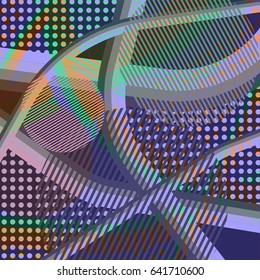 Abstract colorful disco background created with stripes, dots and patters of colors.