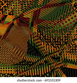 Abstract colorful disco background created with stripes, dots and patters of colors.