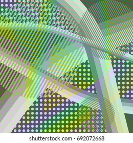 Abstract colorful disco background created with stripes, dots and patters of colors.