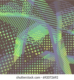 Abstract colorful disco background created with stripes, dots and patters of colors.