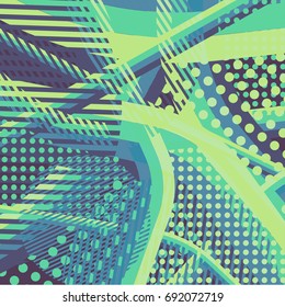 Abstract colorful disco background created with stripes, dots and patters of colors.
