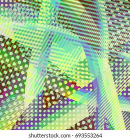 Abstract colorful disco background created with stripes, dots and patters of colors.