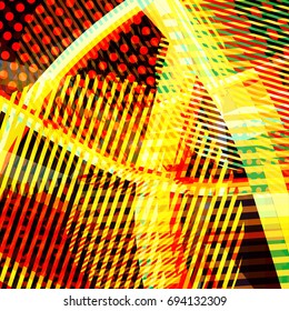 Abstract colorful disco background created with stripes, dots and patters of colors.