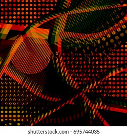 Abstract colorful disco background created with stripes, dots and patters of colors.
