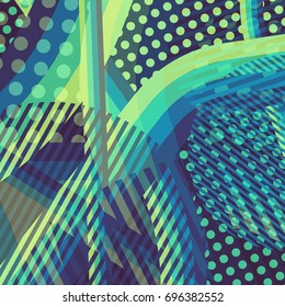 Abstract colorful disco background created with stripes, dots and patters of colors.