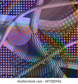 Abstract colorful disco background created with stripes, dots and patters of colors.