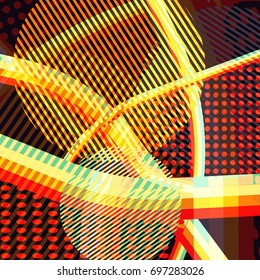 Abstract colorful disco background created with stripes, dots and patters of colors.