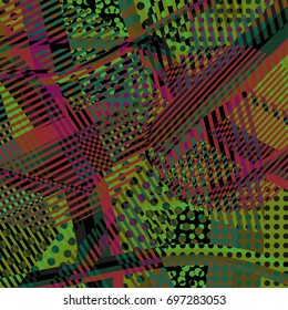 Abstract colorful disco background created with stripes, dots and patters of colors.