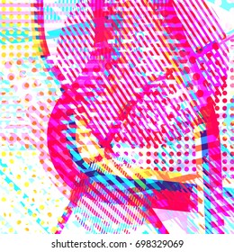 Abstract colorful disco background created with stripes, dots and patters of colors.