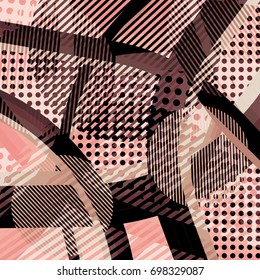 Abstract colorful disco background created with stripes, dots and patters of colors.