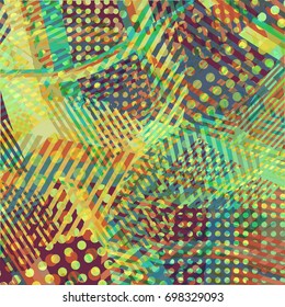 Abstract colorful disco background created with stripes, dots and patters of colors.