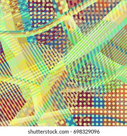 Abstract colorful disco background created with stripes, dots and patters of colors.