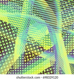 Abstract colorful disco background created with stripes, dots and patters of colors.